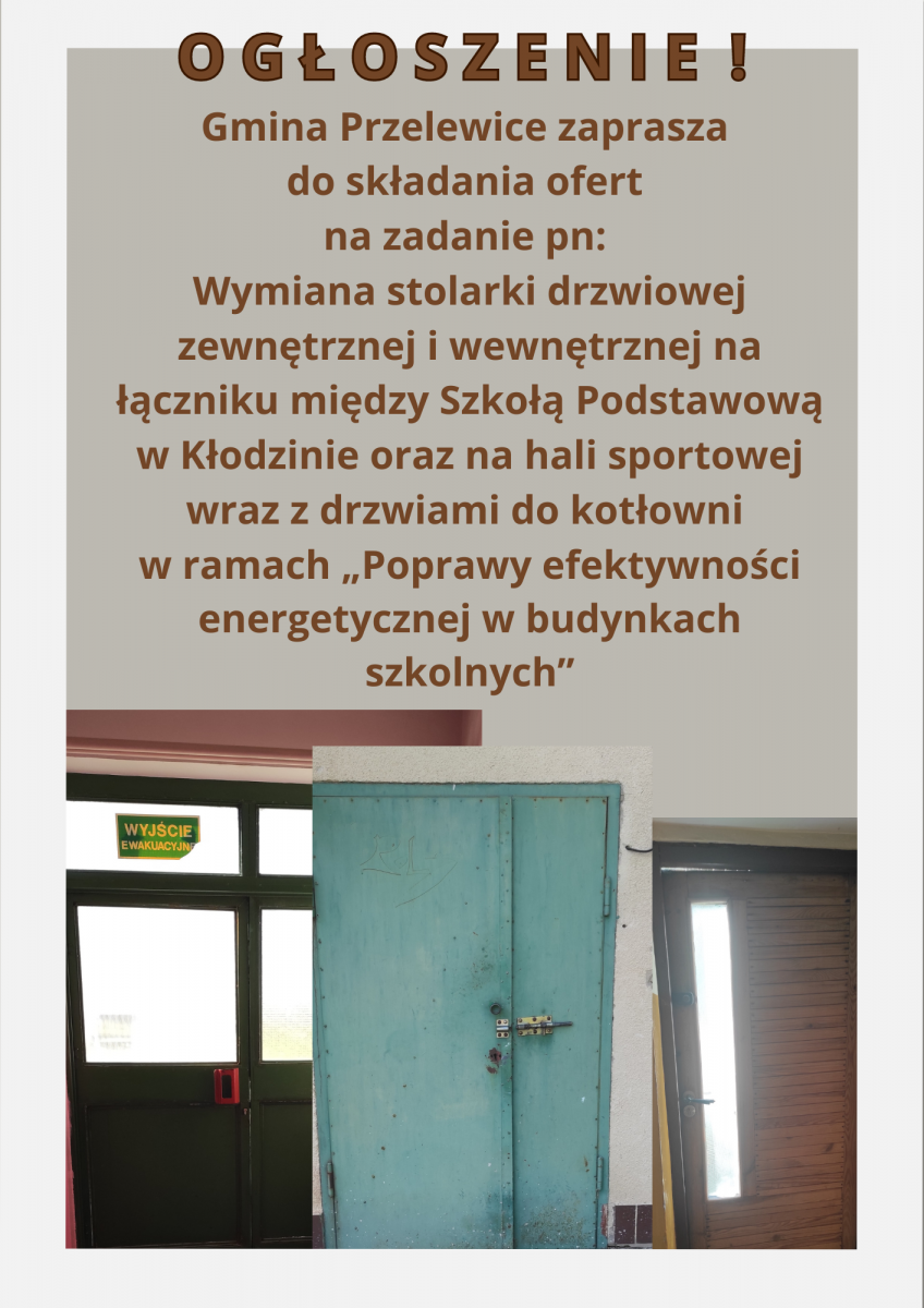 Zaproszenie do składania ofert na wymianę stolarki drzwiowej w budynkach szkolnych w ramach programu „Poprawy efektywności energetycznej”