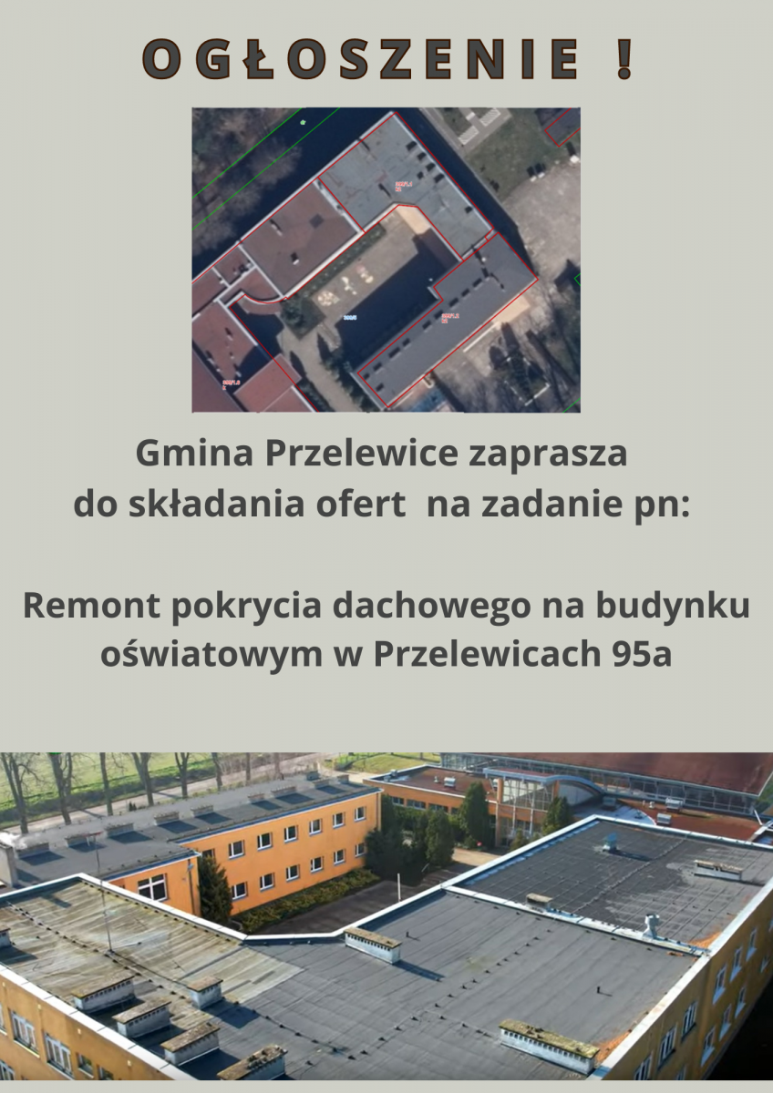Zaproszenie do składania ofert na remont pokrycia dachowego budynku oświatowego w Przelewicach, przy ulicy Przelewice 95A